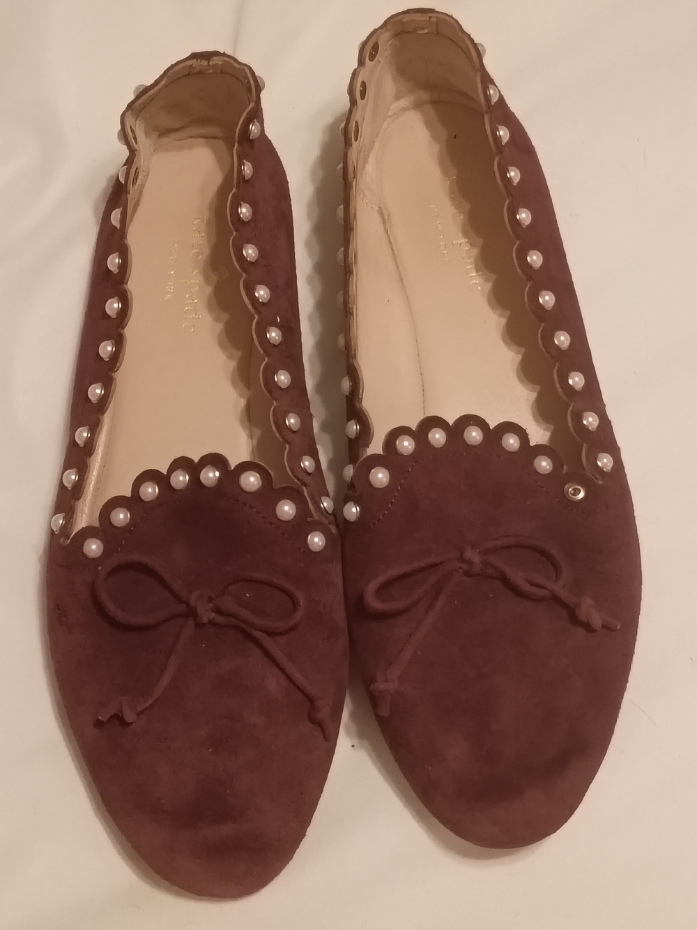kate spade Burgundy Suede Pearl-Trim Scalloped Flats